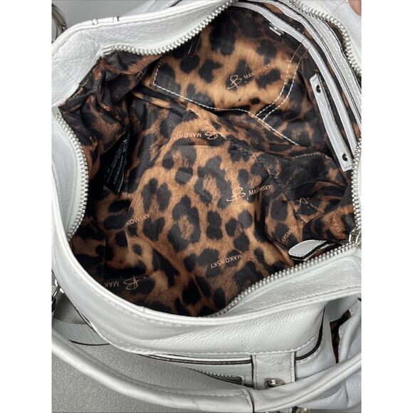 B Makowsky Leather Handbag Shoulder Bag White Hobo with Buckles Top Zip Pleats - Picture 12 of 14